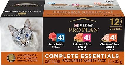 Pro Plan Wet Cat Food, Salmon &amp; Rice, Chicken &amp; Rice, Tuna Variety Pack 85g can (12 pack)