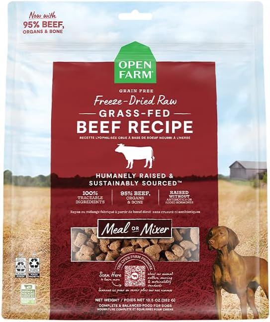 Open Farm Freeze Dried Raw Dog Food, Humanely Raised Meat Recipe with Non-GMO Superfoods and No Artificial Flavors or Preservatives (31.5 Ounce (Pack of 1), Grass Fed Beef Recipe)