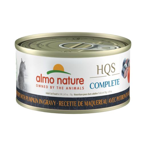 Almo Nature: HQS Complete Cat  Mackerel Recipe with Pumpkin in Gravy - 2.47oz Cans  Adult Cat Canned Wet Food  Complete &amp; Balanced Daily Meal