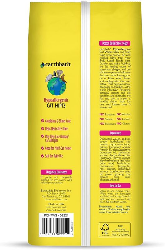 earthbath® HypoAllergenic Cat Grooming Wipes Fragrance Free (100 ct)