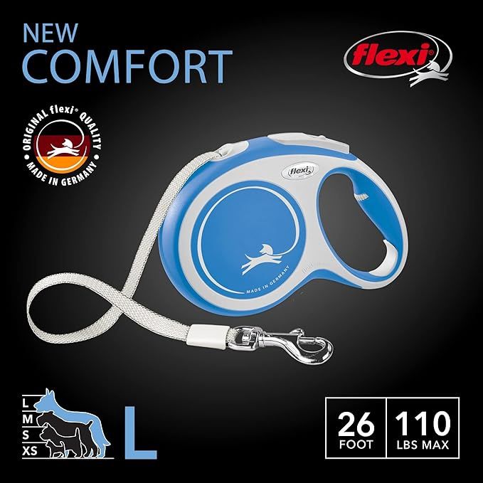 flexi New Comfort Large Retractable Dog Leash Tape 26'/8m, Blue
