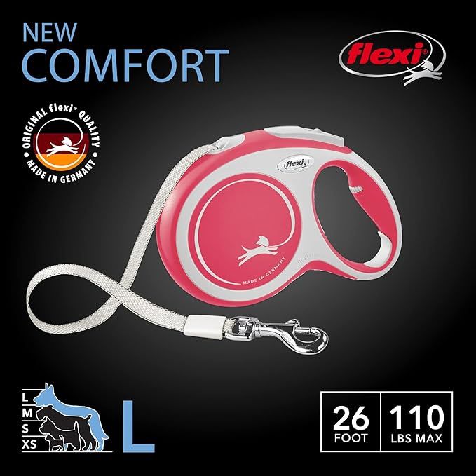 FLEXI New Comfort Tape Retractable Dog Leashes for Large Dogs Upto 110 lbs. – 26 ft., Red
