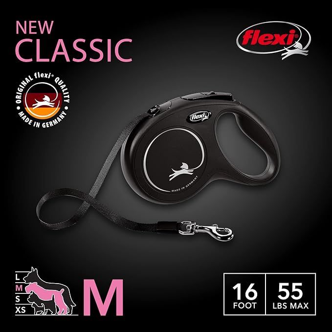 Flexi Classic Retractable Tape Dog Leash, Blk Md 55 Lbs 16Ft