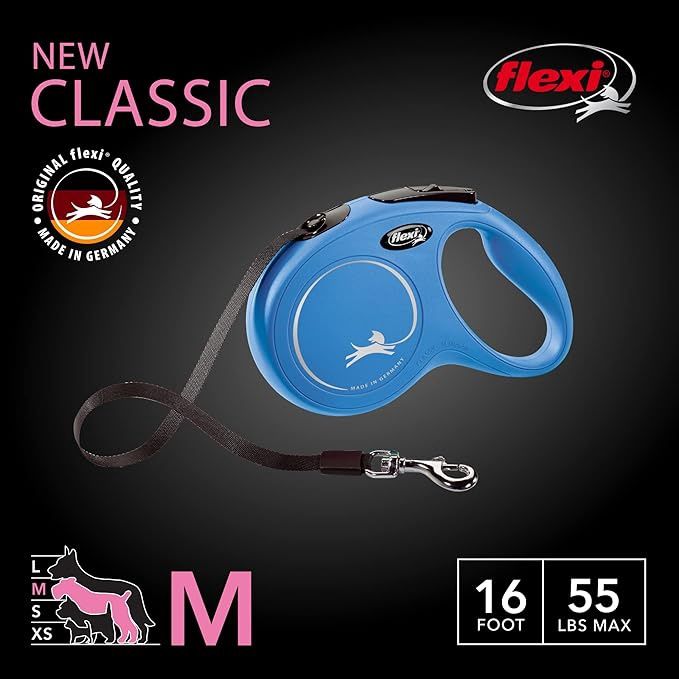 Flexi  Classic Retractable Tape Dog Leash, Blue Md 55 Lbs 16Ft
