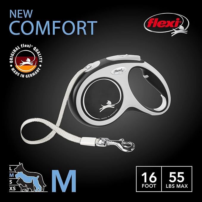 flexi New Comfort Medium Retractable Dog Leash Tape 16'/5m, Grey