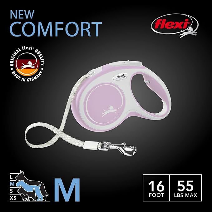 flexi New Comfort Medium Retractable Dog Leash Tape 16'/5m, Pink