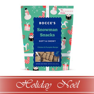 Bocce&#39;s Bakery HOLIDAY Snowman Snacks, Chicken &amp; Pumpkin Recipe Soft &amp; Chewy Dog Treats 6oz