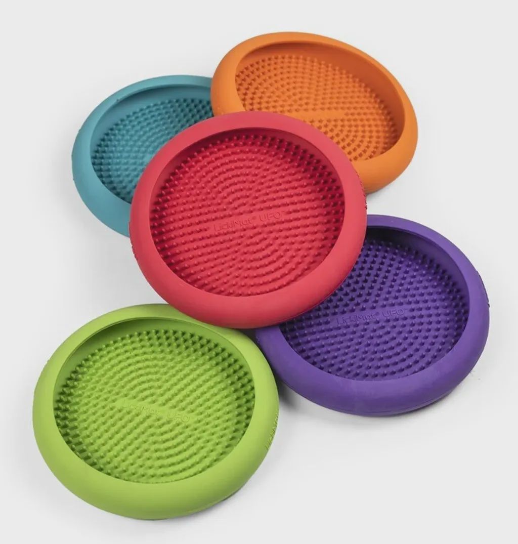 New LickiMat UFO Orange - Bathing, Shower &amp; Grooming Distractor. Natural Rubber Large Soother Licking Nubs Treats. Unique Food and Dribble Catcher Design. Slow Feeder Dog Bowl
