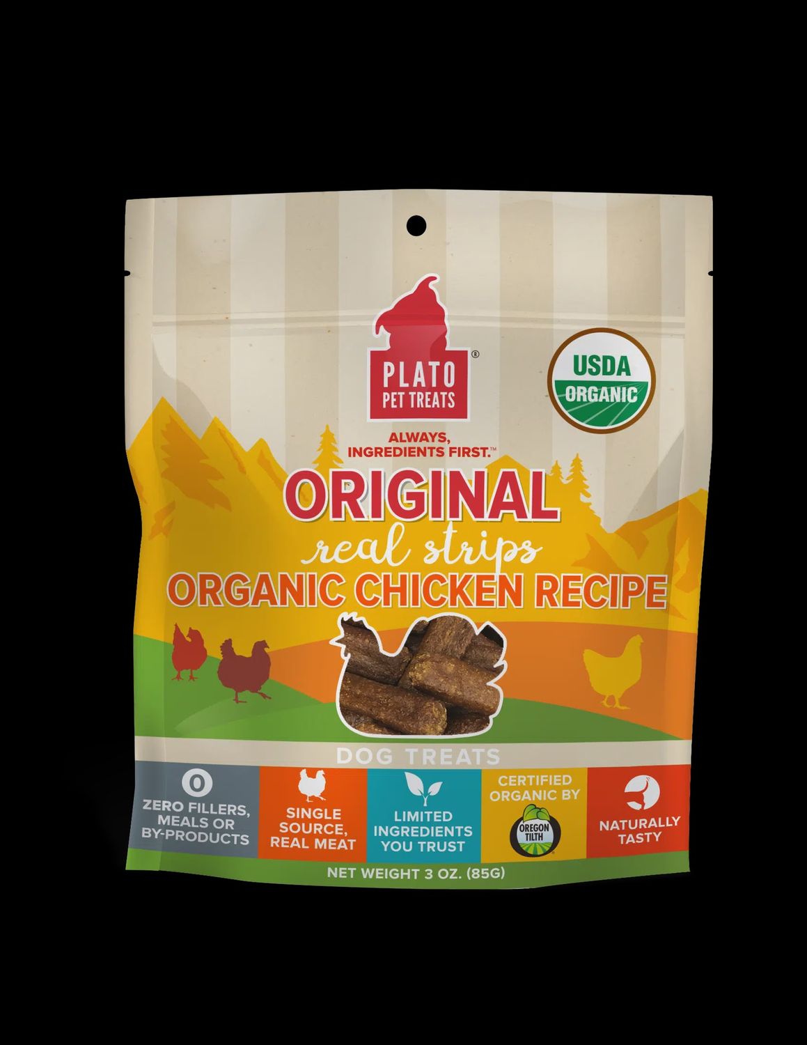 Plato Real Strips Organic Chicken Dog Treats 3OZ