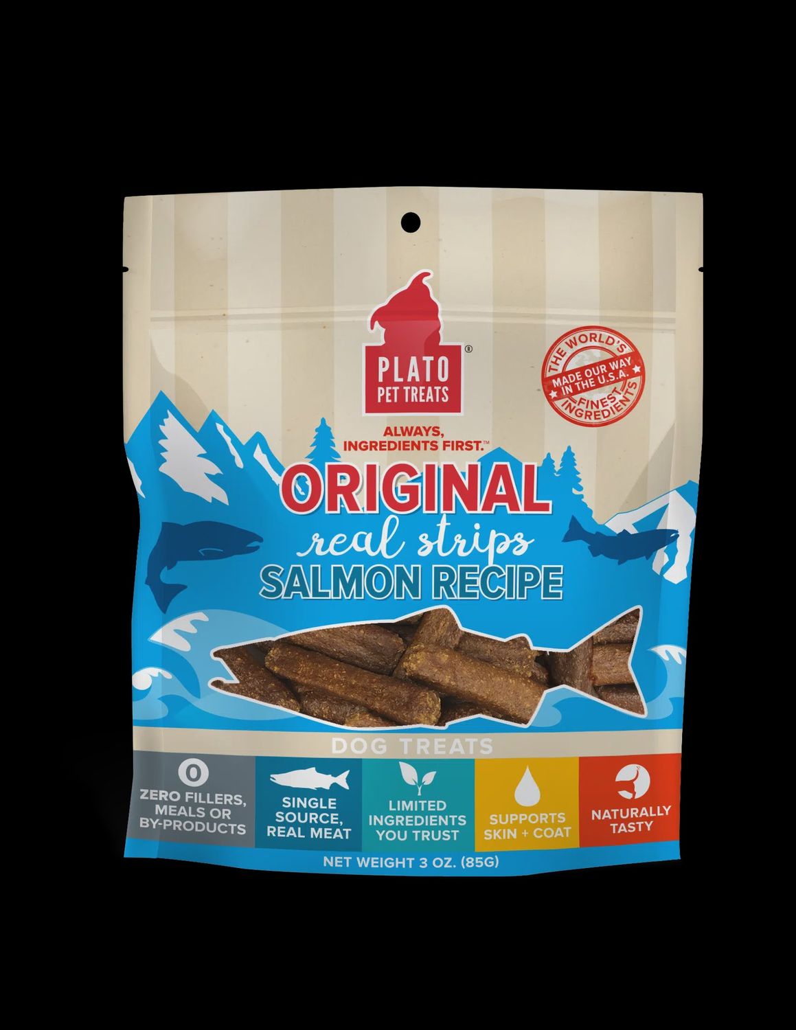 Plato Real Strips Salmon Dog Treats 3OZ