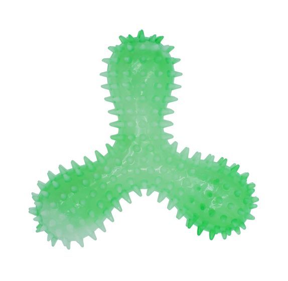 Bud’Z Luminous Rubber Dog Toy – Spiked Triskelion, Green 6.3″