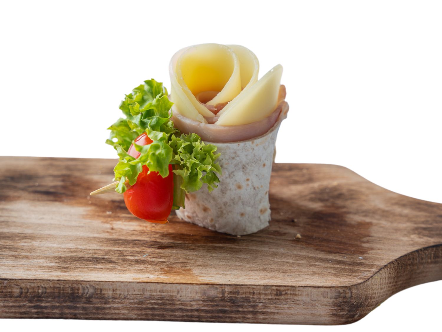 Rolls z szynką, żółtym serem i pomidorkiem koktajlowym