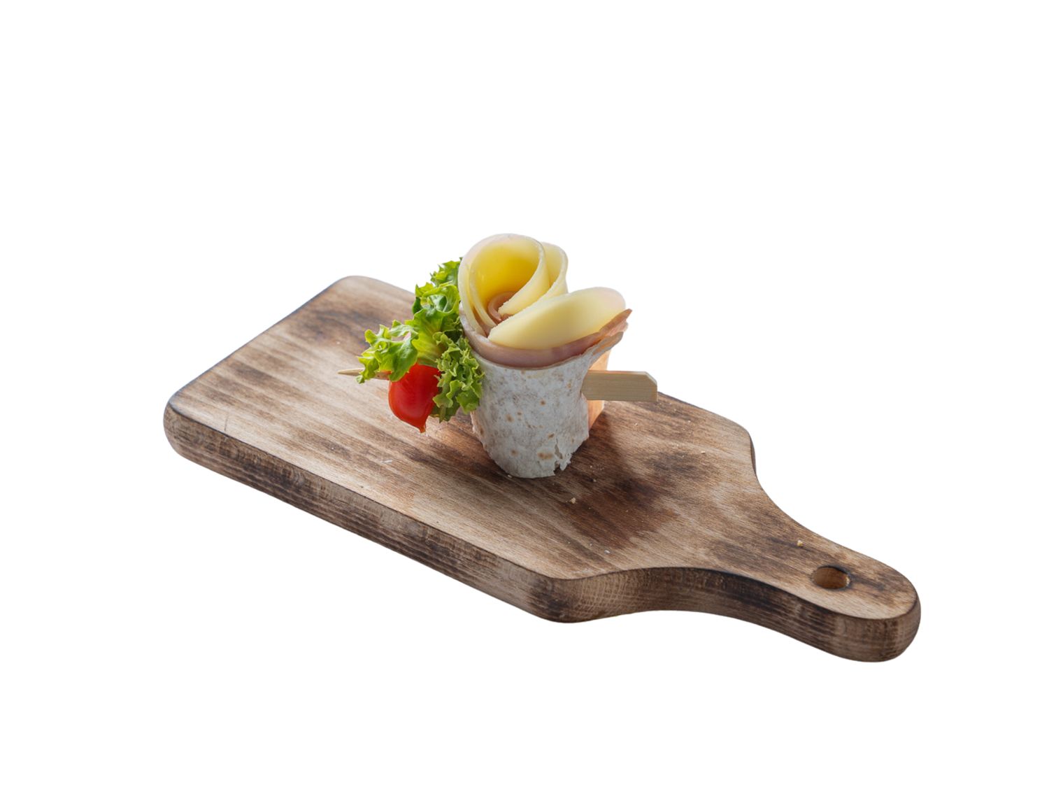 Rolls z szynką, żółtym serem i pomidorkiem koktajlowym