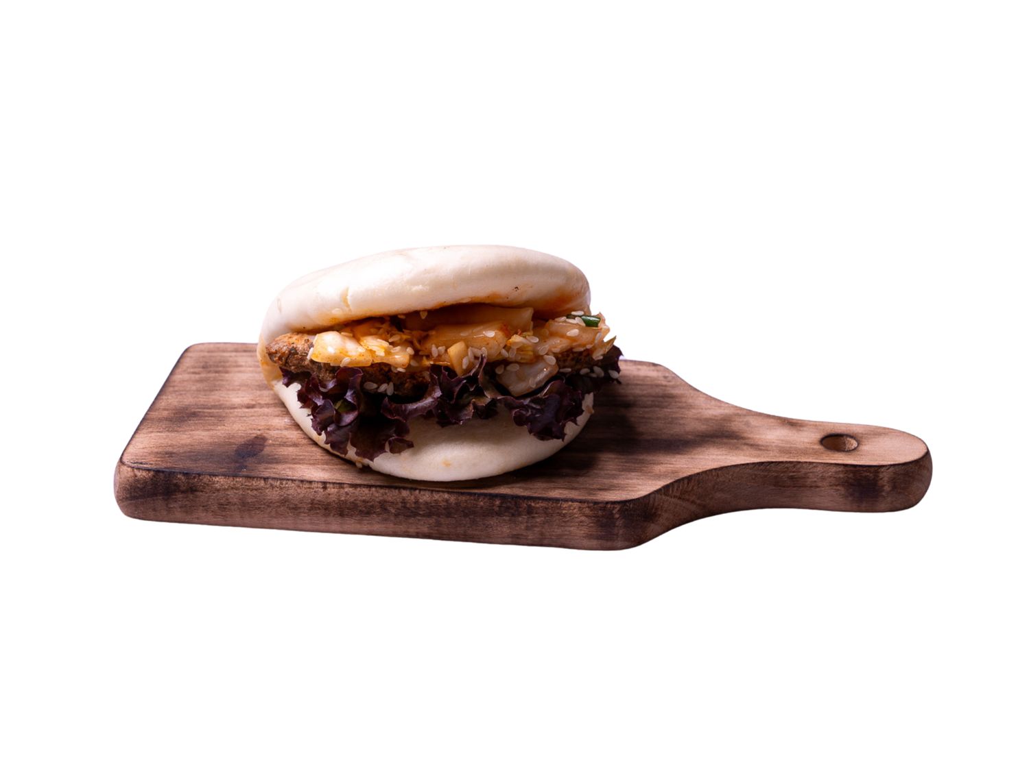 Bułeczka Bao ze smażonym kurczak, kimchi, teryiaki i dymką