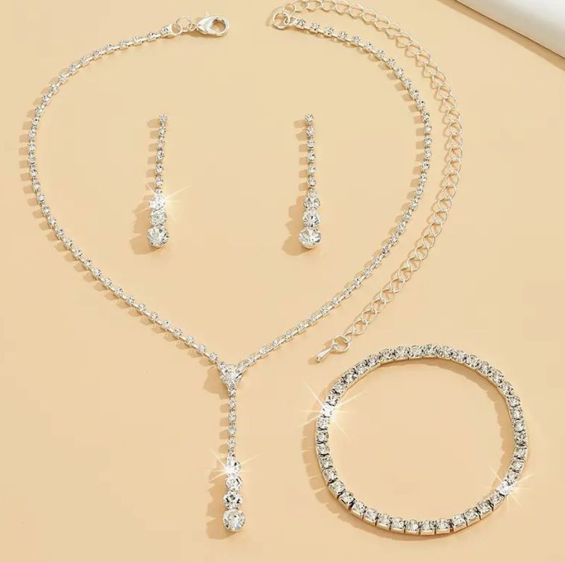 Sparkling Rhinestone Single Row Long Necklace, Earrings and Bracelet Set