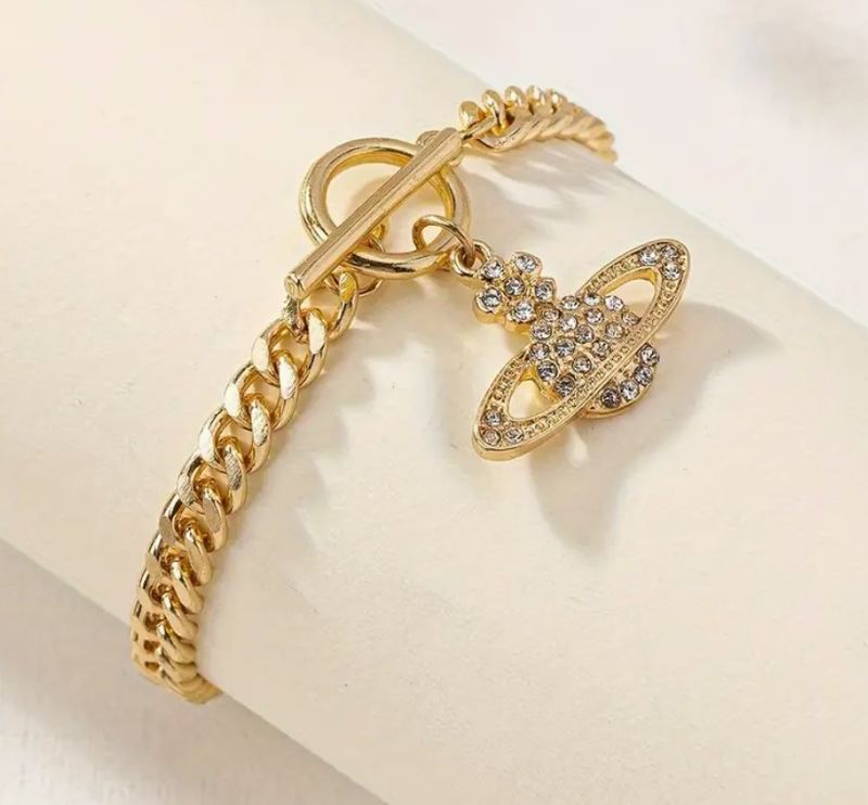 Elegant Link Bracelet With Clasp, Rhinestone-Encrusted Planet Pendant