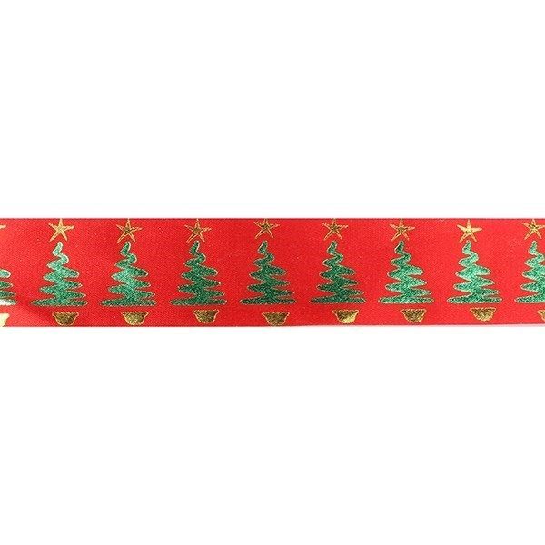 36mm Metallic Christmas Tree Ribbon On Red - X 1m