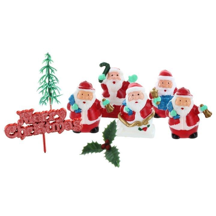 Assorted Christmas Cake Toppers - Holly, Santa, Tree & Motto