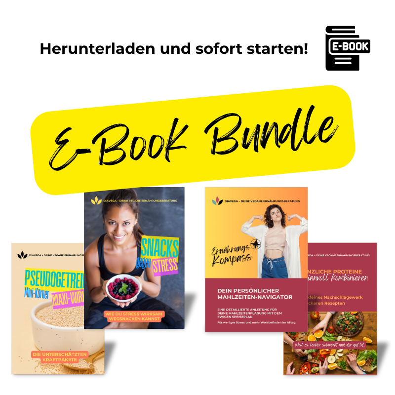 E-Book Mega-Bundle – "Der Ernährungskompass" + "Proteine sinnvoll kombinieren" + "Pseudogetreide" + "Snacks gegen Stress" – DiaVega Ernährungsberatung