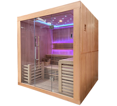 sauna en bois avec vitre avec lumière rose