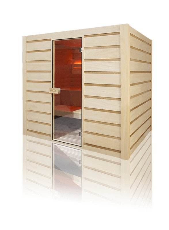 Sauna en bois blanc avec lumiére rouge 