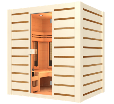 sauna en bois claire avec porte vitré lumière orange intérieur
