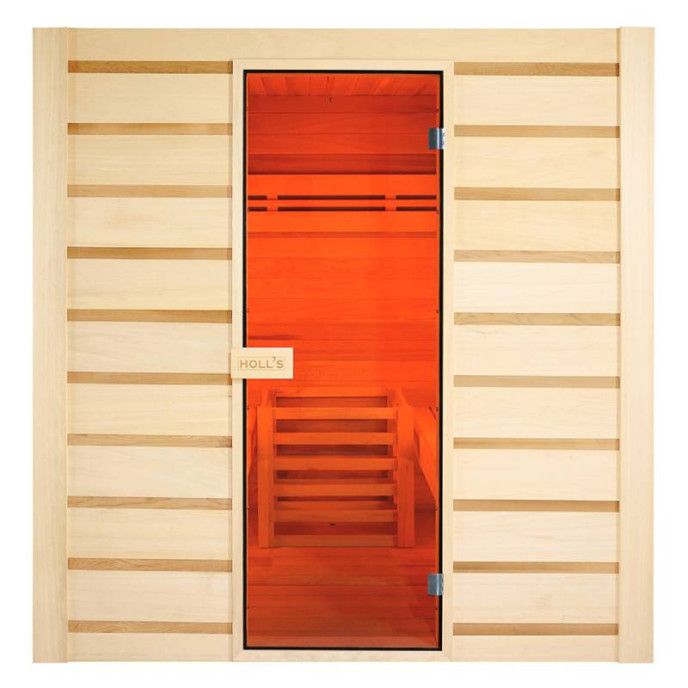 sauna en bois claire avec porte vitré lumière orange intérieur
