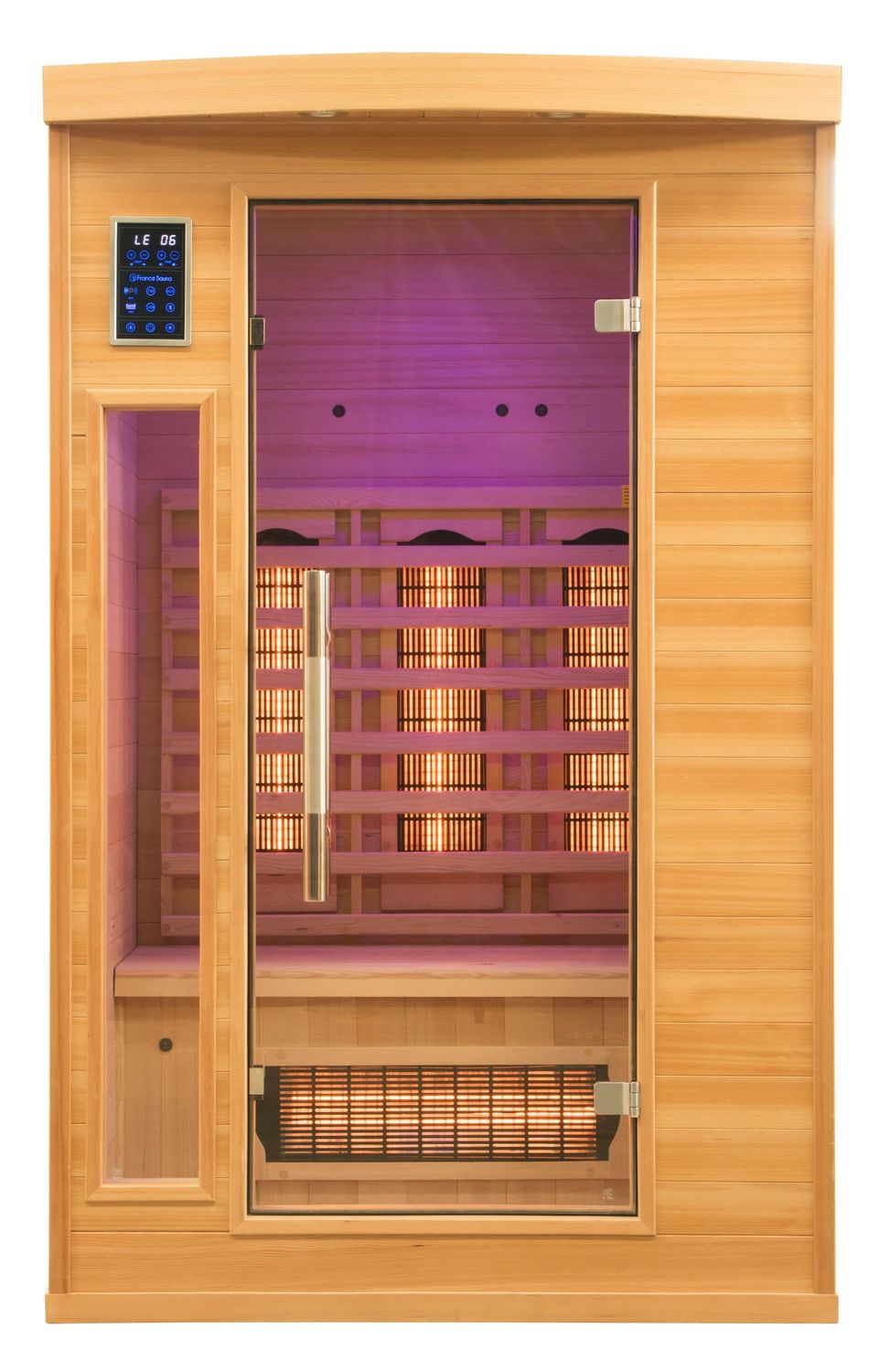 sauna avec lumiére violet, sauna bois, sauna 