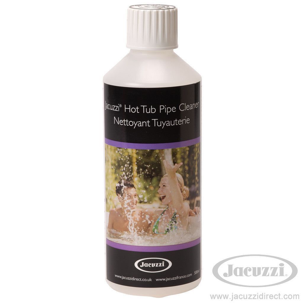 bouteille de produit nettoyage tuyau spa étiquette noir et flacon blanc 