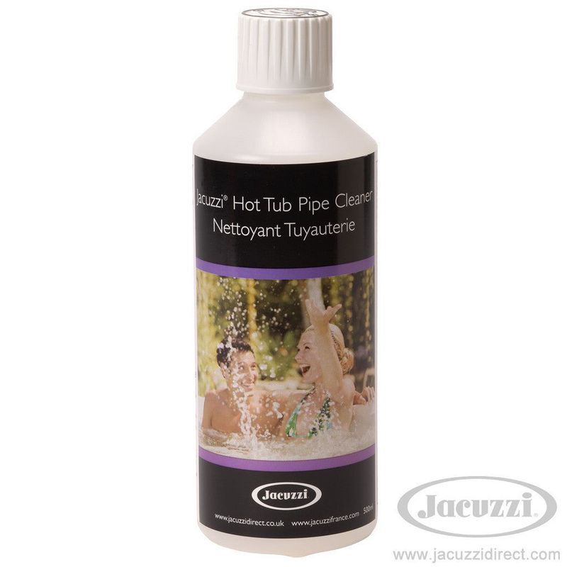 bouteille de produit nettoyage tuyau spa étiquette noir et flacon blanc 