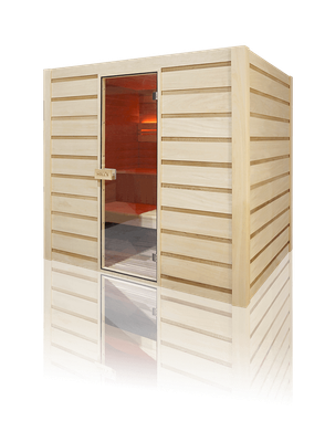 Sauna en bois blanc avec lumiére rouge 