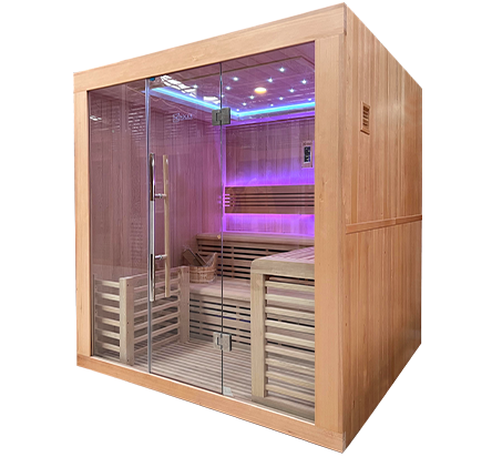 sauna en bois avec vitre avec lumière rose