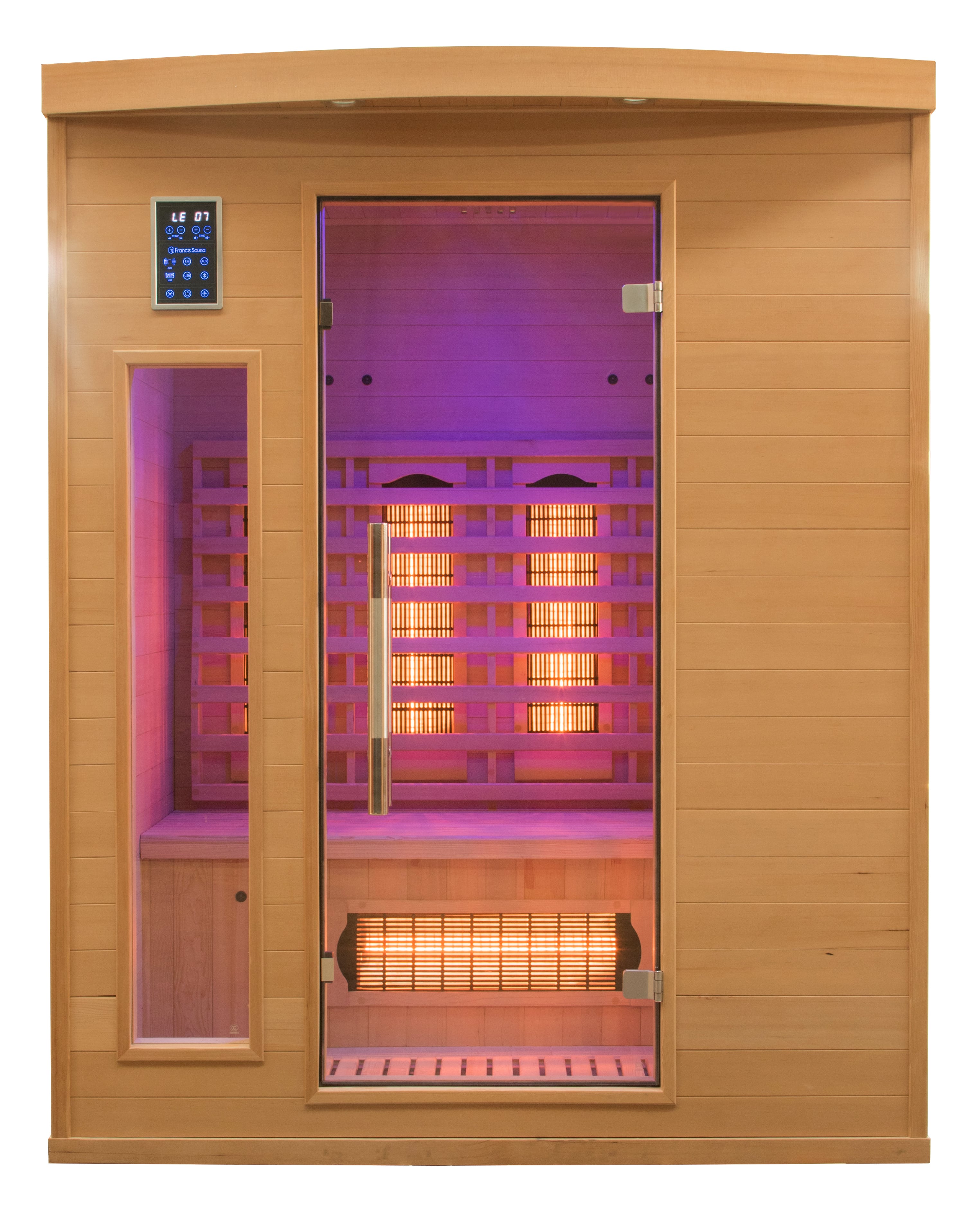 sauna en bois claire avec lumière blanche a l'intérieur 