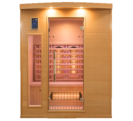 sauna en bois claire avec lumière blanche a l'intérieur 