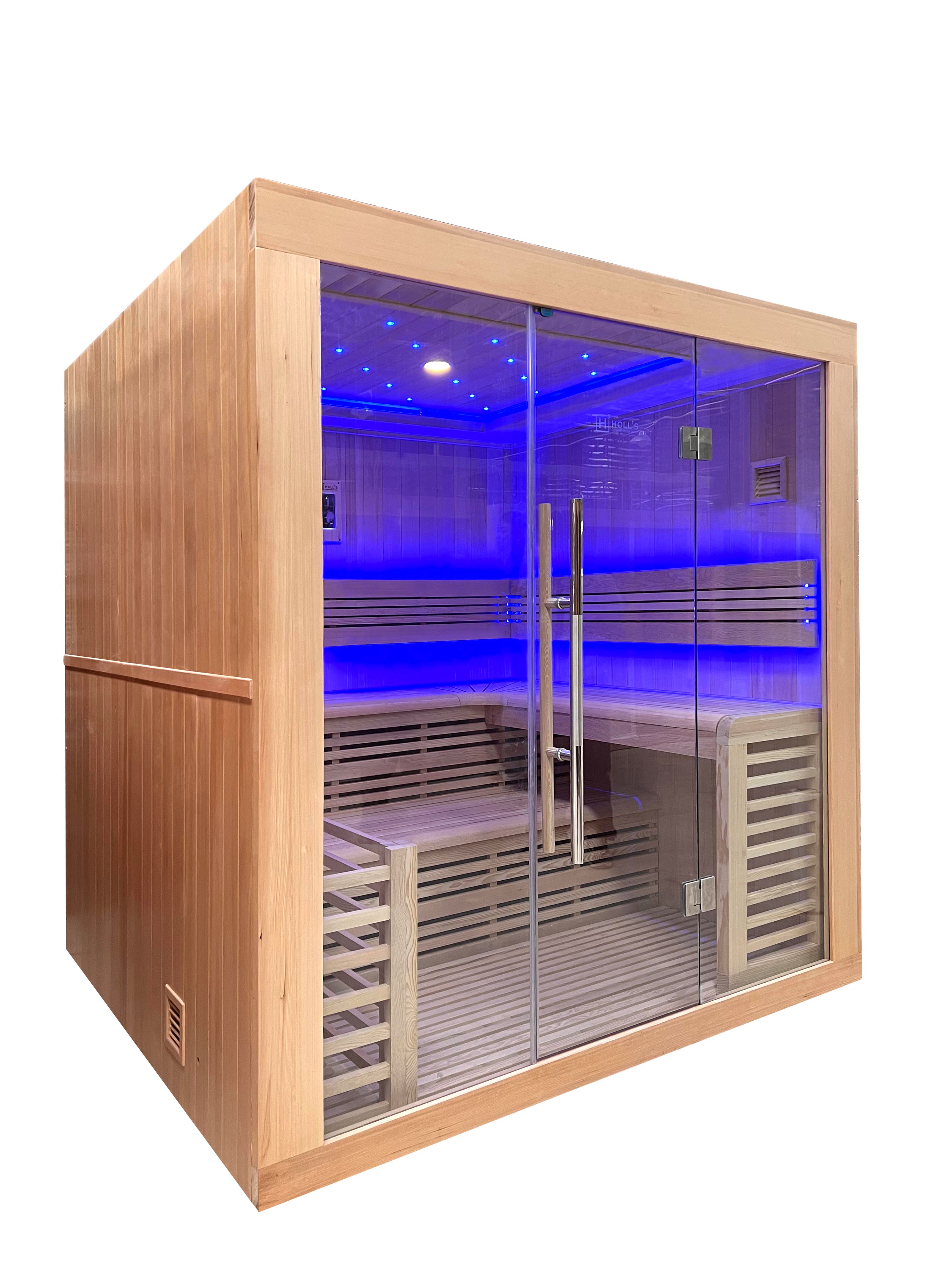 sauna en bois avec vitre avec lumière rose