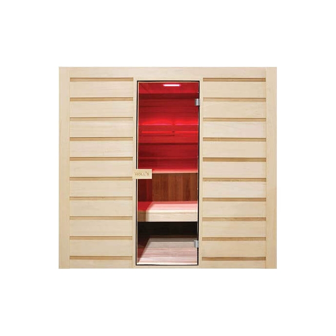Sauna en bois blanc avec lumiére rouge 