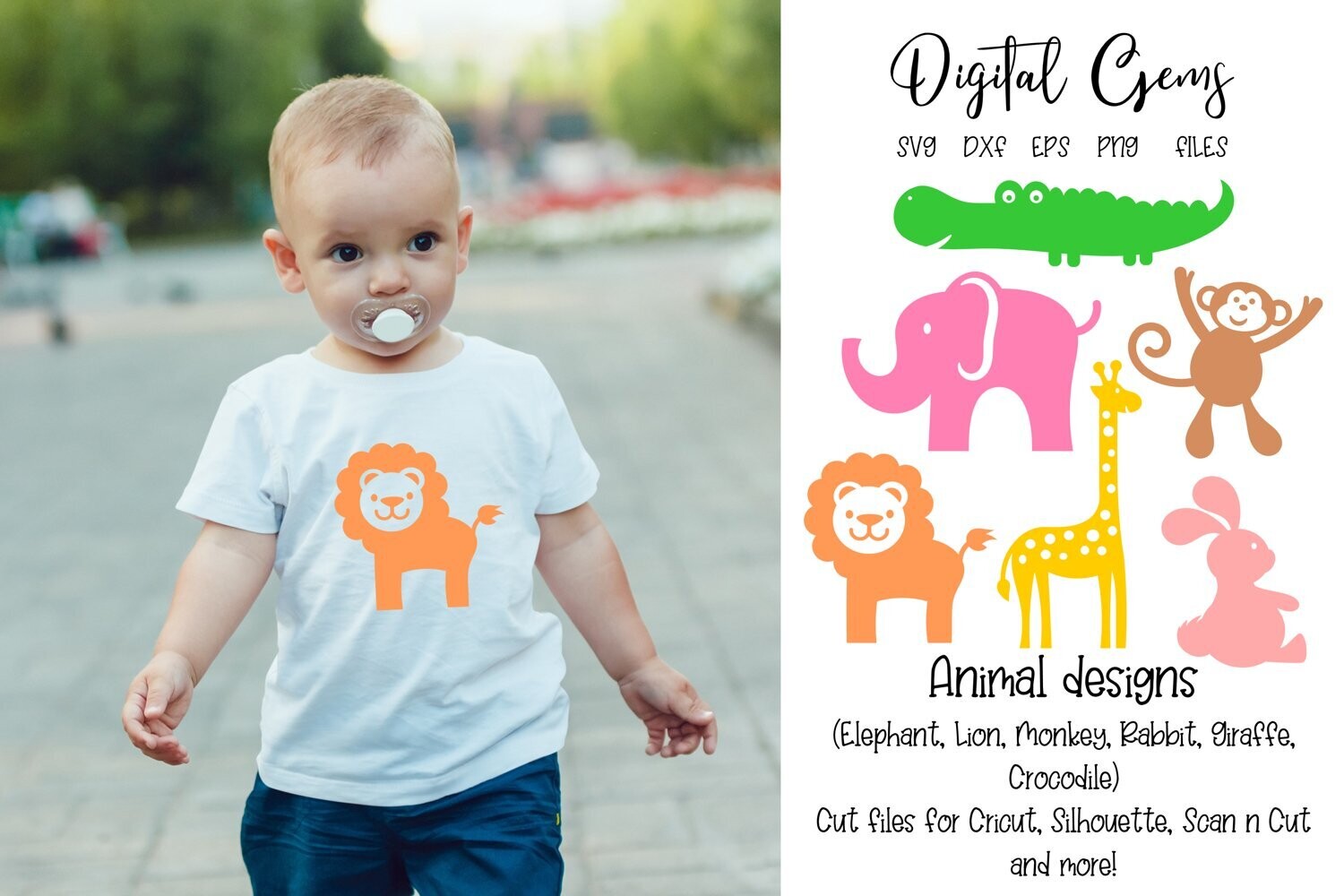 Animal designs, Lion, Giraffe, Elephant, Crocodile.