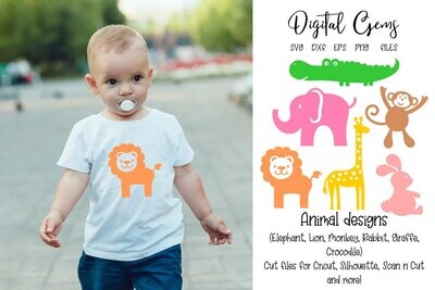 Animal designs, Lion, Giraffe, Elephant, Crocodile.