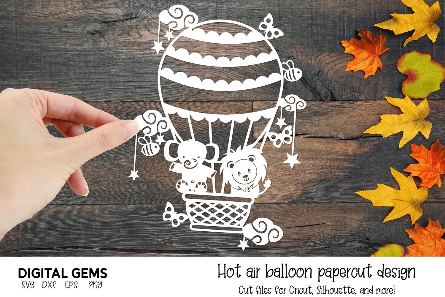 Hot air balloon, Elephant and Lion paper cut design