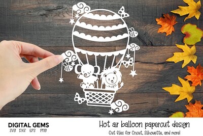 Hot air balloon, Elephant and Lion paper cut design