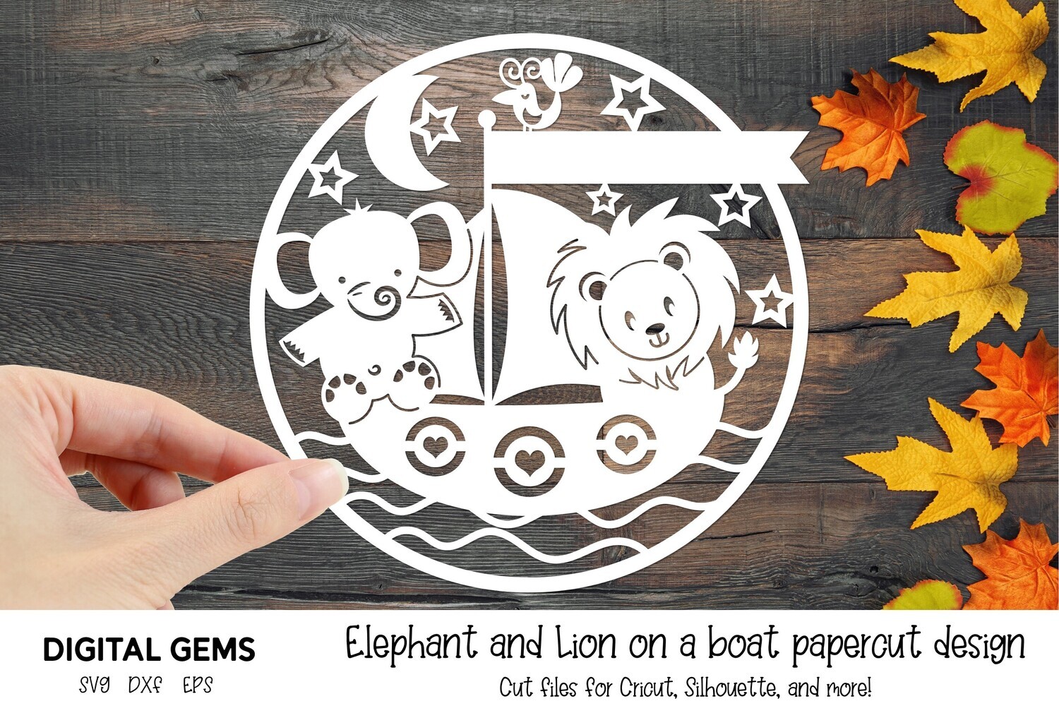 Elephant and Lion on a boat paper cut design