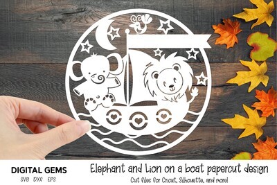 Elephant and Lion on a boat paper cut design