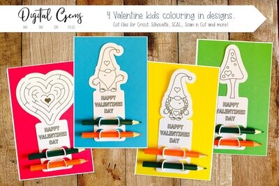 Valentines colouring in crayon card designs.