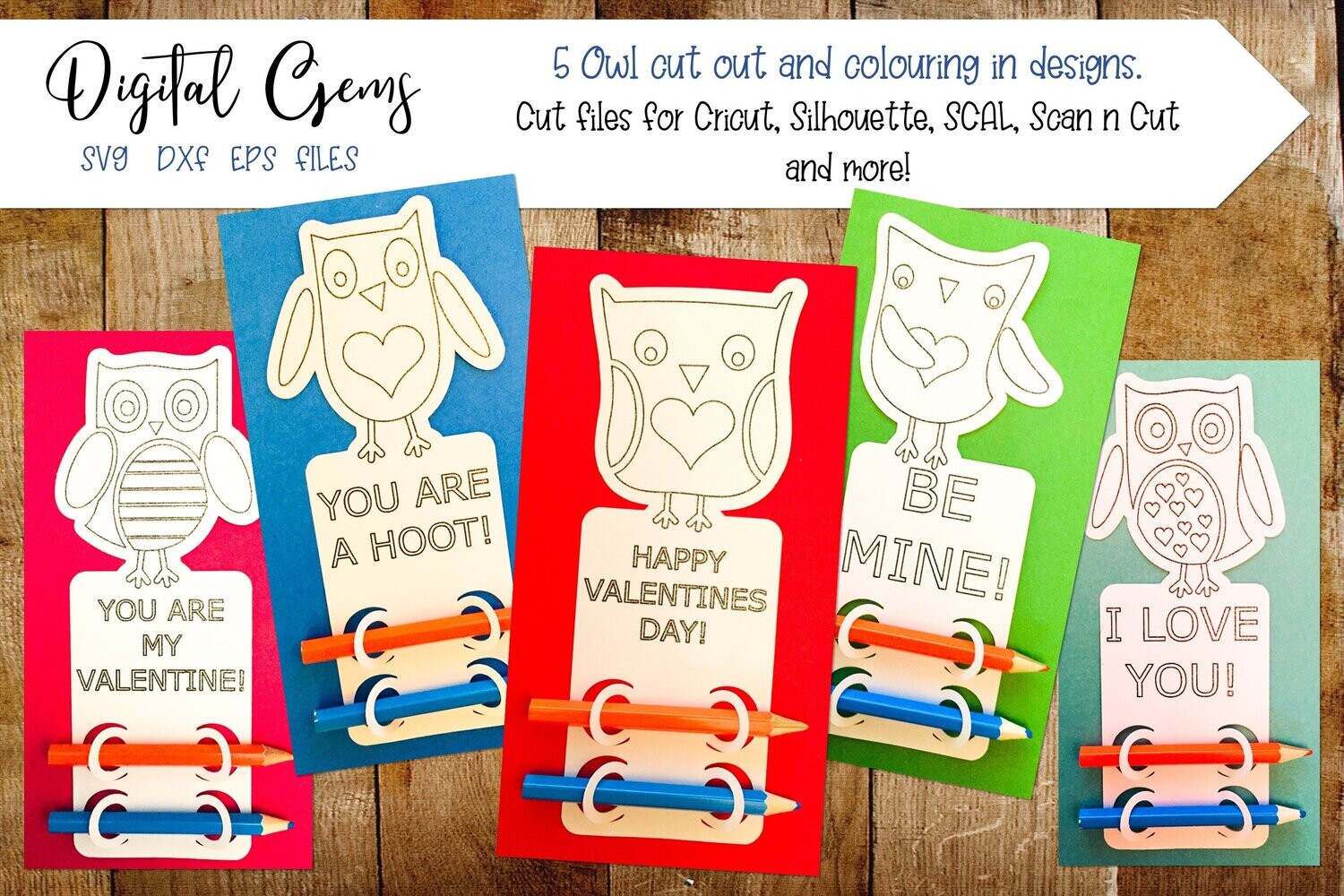 Valentines owl colouring in crayon card designs.