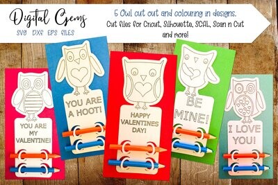 Valentines owl colouring in crayon card designs.
