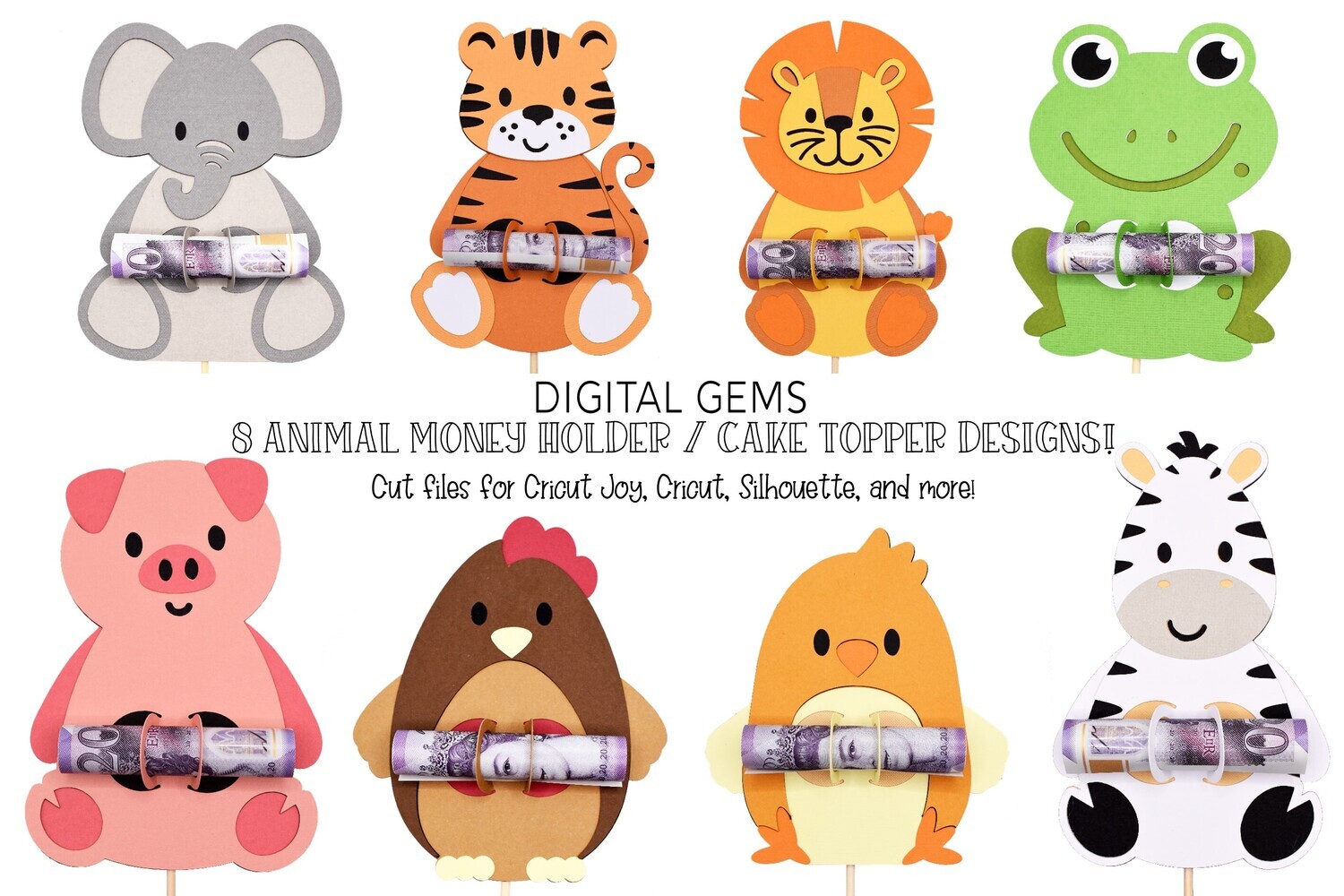 Money card or cake topper SVG | 8 Animal designs