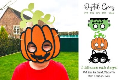 Halloween mask designs. Cat, Frankenstein&#39;s monster, and Pumpkin.