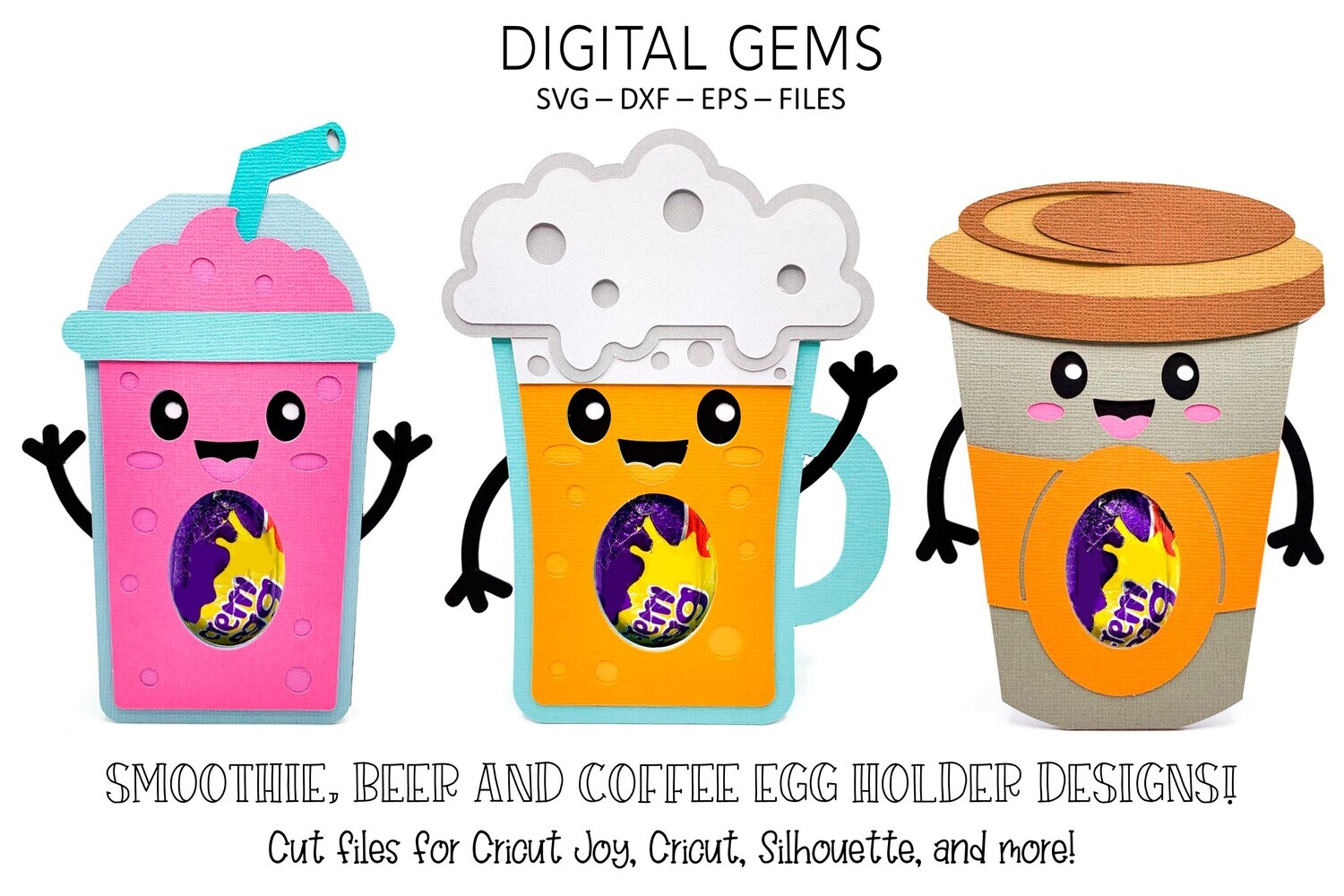 3 egg holder designs, Smoothie, Beer and Coffee