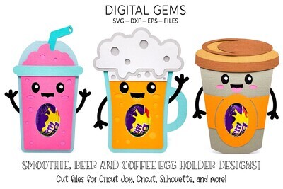 3 egg holder designs, Smoothie, Beer and Coffee