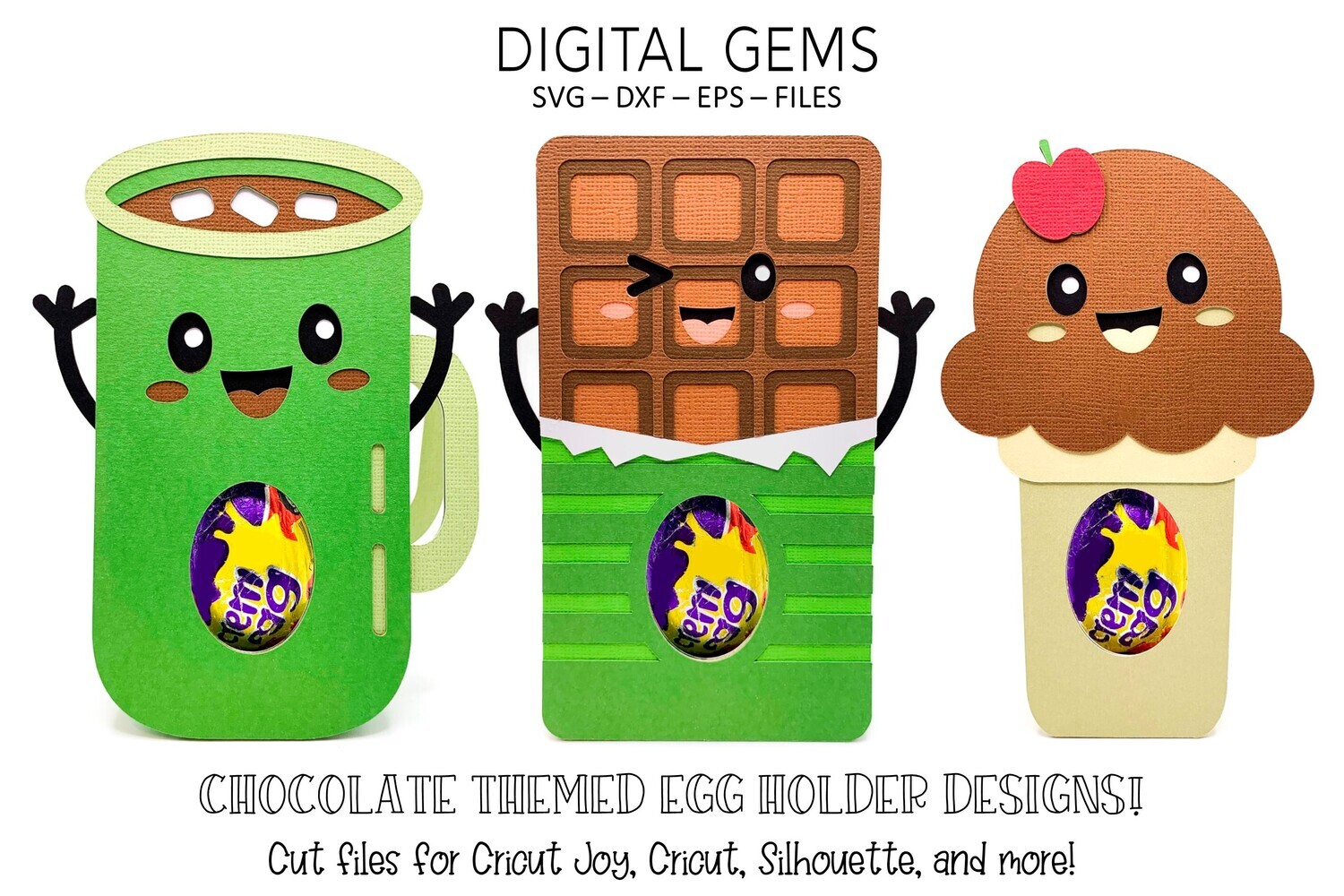 3 egg holder designs, Hot chocolate, Chocolate bar and Ice cream